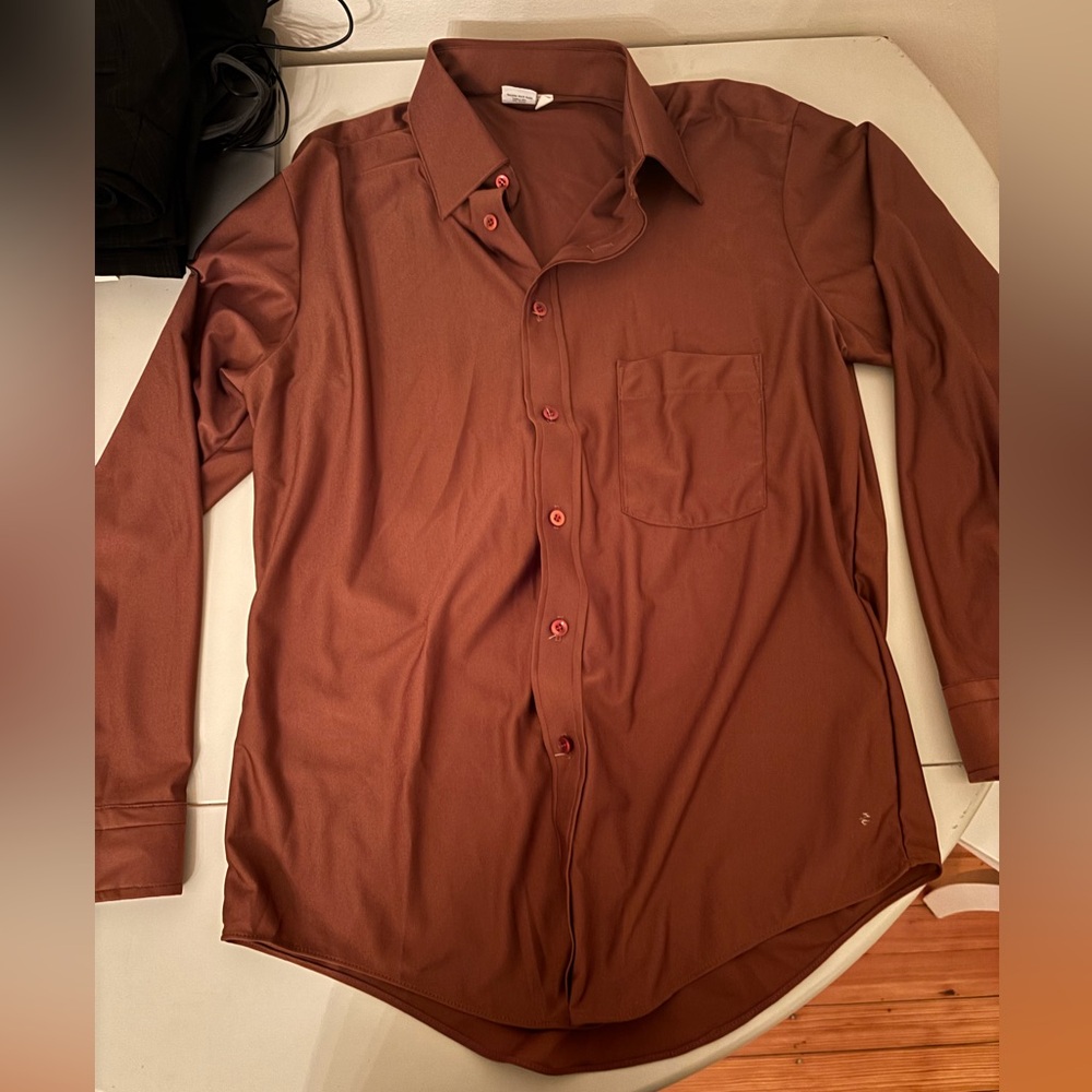 Shiny brown button down long sleeve. Size M